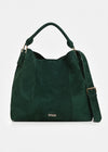 A dark green suede hobo handbag with a top handle, adjustable shoulder strap, and gold-tone hardware, shown against a plain white background.