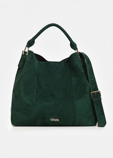 A dark green suede hobo handbag with a top handle, adjustable shoulder strap, and gold-tone hardware, shown against a plain white background.