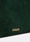 Close-up of a dark green suede or velvet bag surface with the gold-toned 'ESSENTIEL ANTWERP' logo near the bottom.