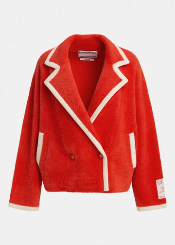 A bright red sherpa fleece blazer jacket with contrasting cream-colored piping and trim, shown against a plain light gray background. The brand 'ESSENTIALS' is visible on the inner neck label.