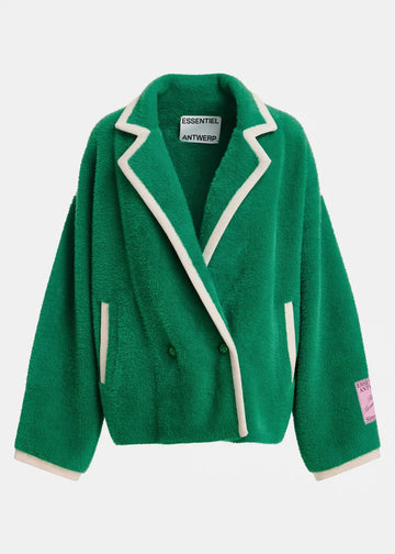 A green plush fleece blazer jacket with cream-colored piping and trim, featuring a collar, front buttons, and a pink brand patch on the sleeve, shown against a light gray background.