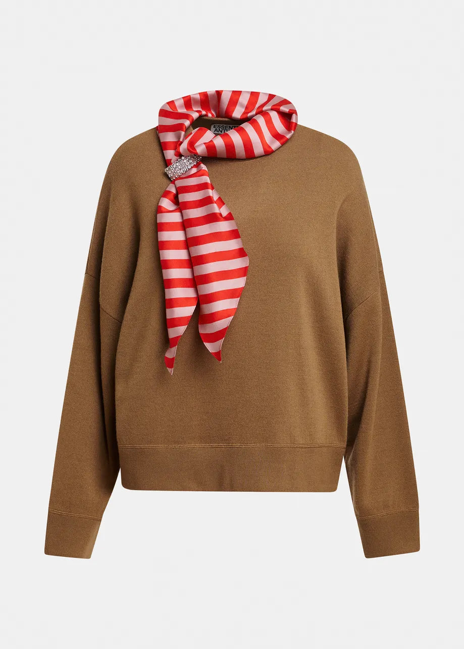 A camel brown knit sweater with a red and white striped silk scarf tied around the collar, displayed on a clean white background.