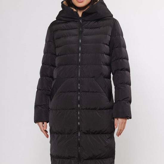 reversible black long padded coat with hood