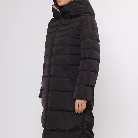 reversible black long padded coat with hood side view 