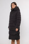 reversible black long padded coat with hood side view 