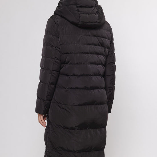 reversible black long padded coat with hood rear view 