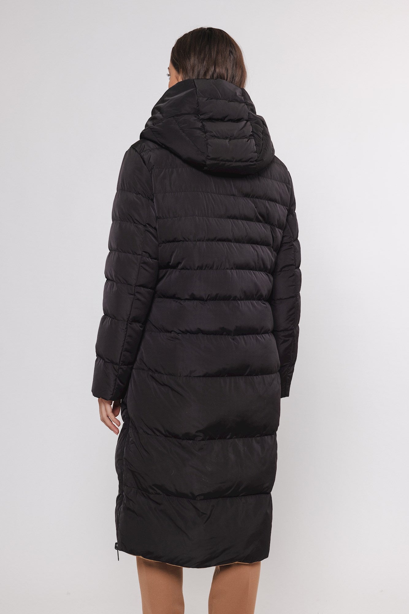 reversible black long padded coat with hood rear view 