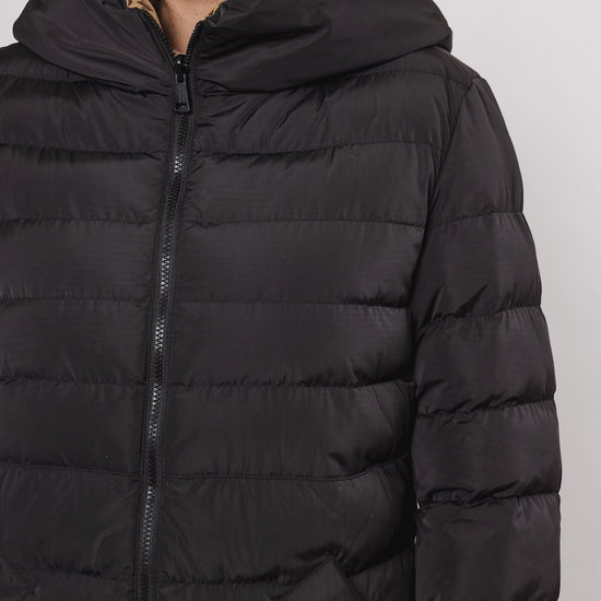 reversible black long padded coat with hood close up