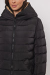 reversible black long padded coat with hood close up