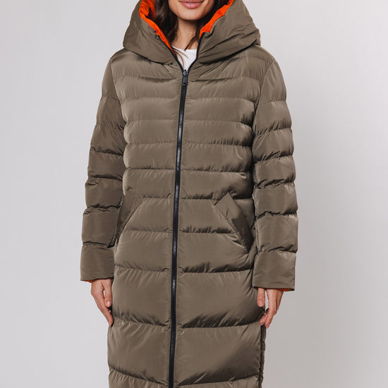 khaki long padded reversible coat with hood and orange interior