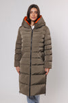 khaki long padded reversible coat with hood and orange interior