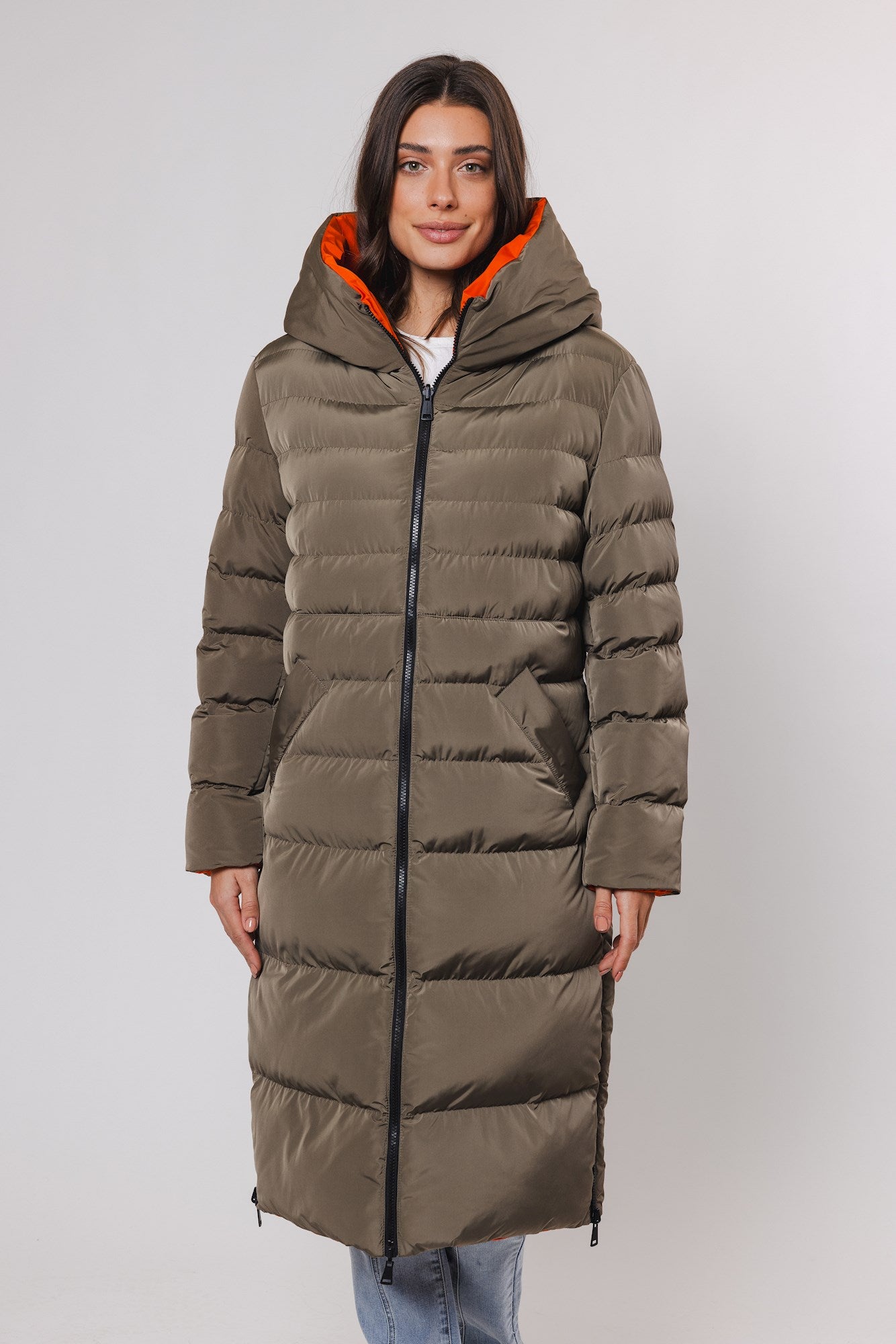 khaki long padded reversible coat with hood and orange interior