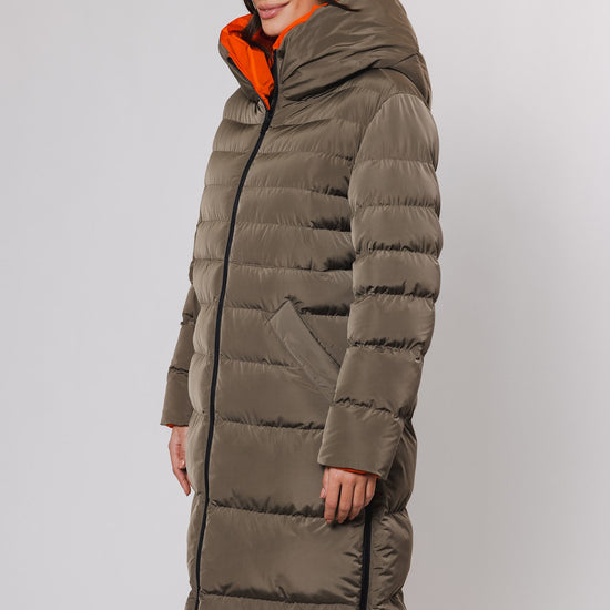 khaki long padded reversible coat with hood and orange interior side view 