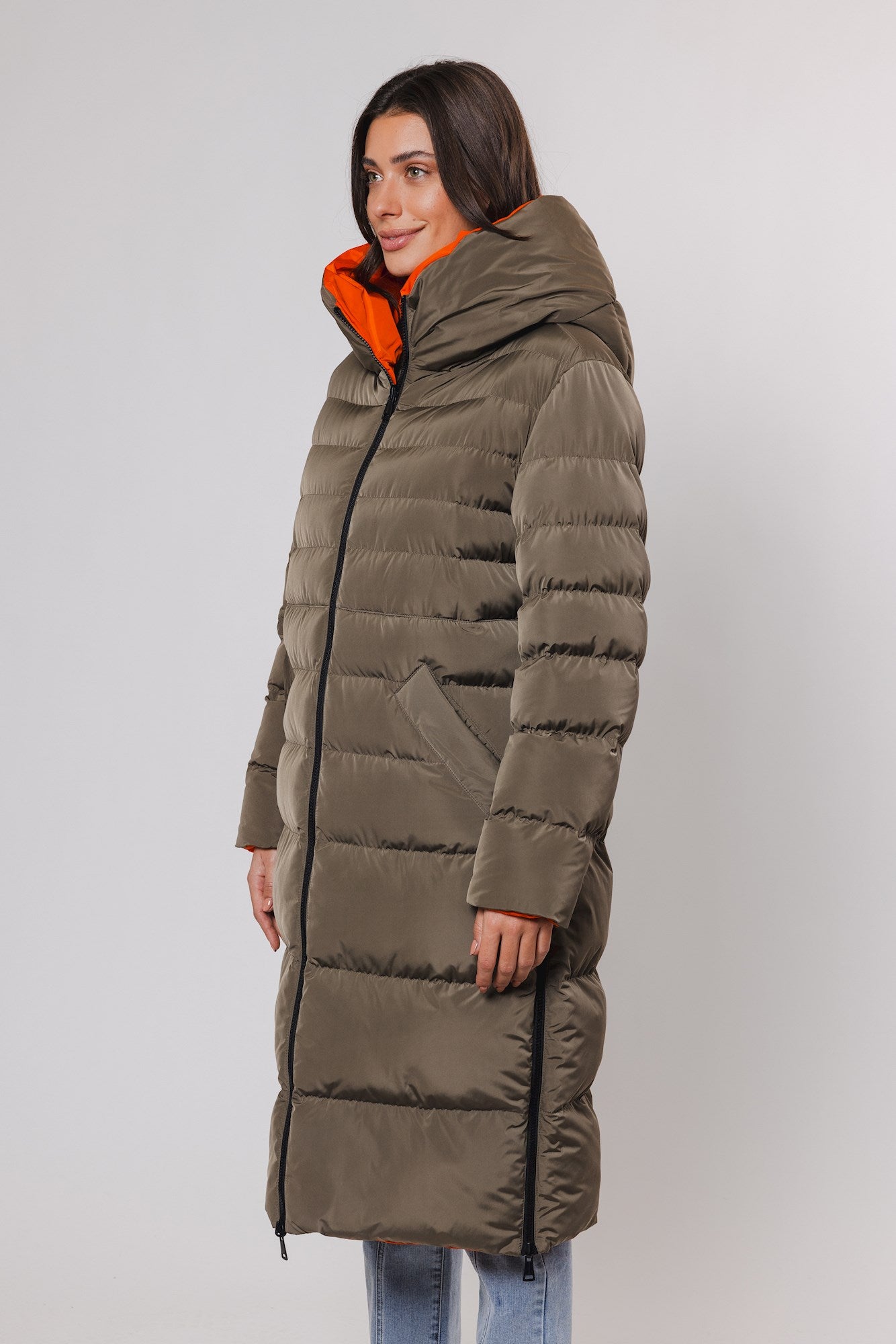 khaki long padded reversible coat with hood and orange interior side view 