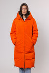 khaki long padded reversible coat with hood and orange interior worn other way round