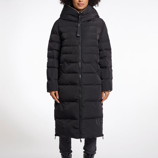reversible black mid length padded coat with a brown interior, high neck and collar