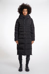 reversible black mid length padded coat with a brown interior, high neck and collar