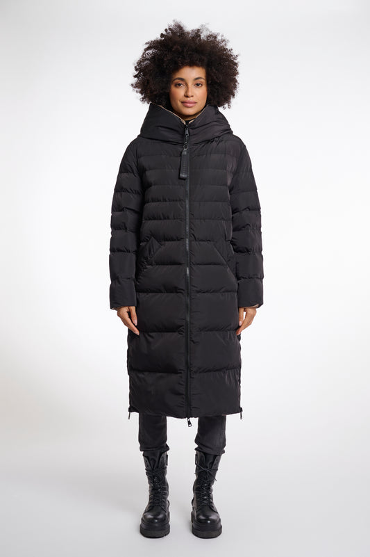 reversible black mid length padded coat with a brown interior, high neck and collar