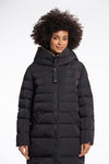 reversible black mid length padded coat with a brown interior, high neck and collar model shot