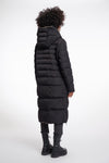 reversible black mid length padded coat with a brown interior, high neck and collar rear view 