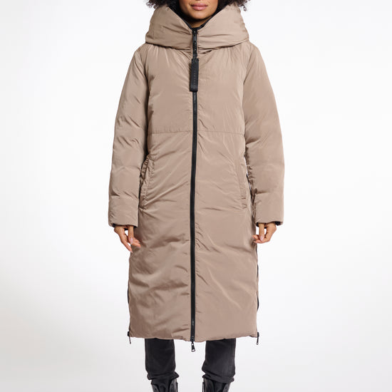 reversible black mid length padded coat with a brown interior, high neck and collar interior view 
