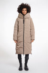 reversible black mid length padded coat with a brown interior, high neck and collar interior view 