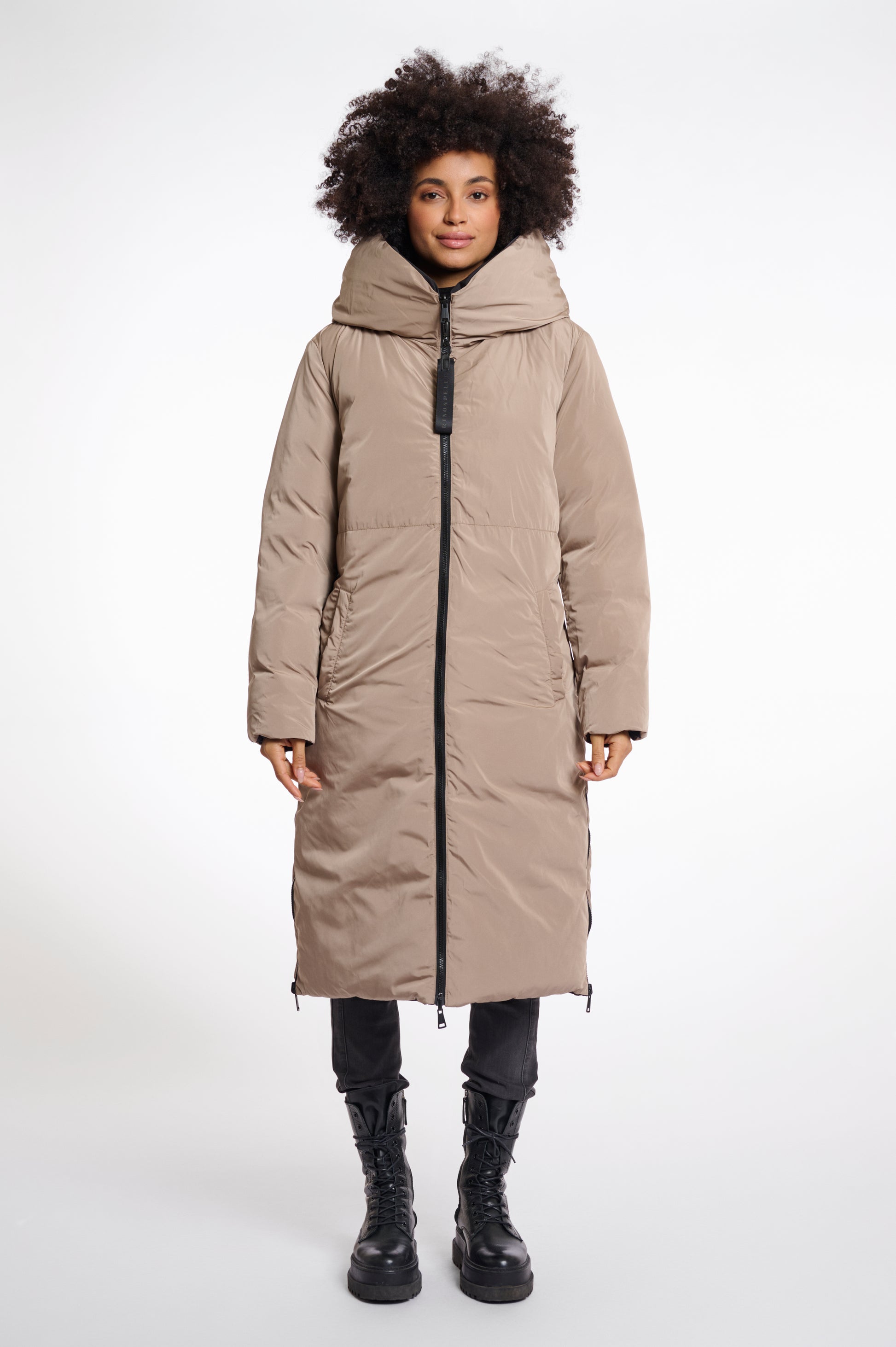 reversible black mid length padded coat with a brown interior, high neck and collar interior view 
