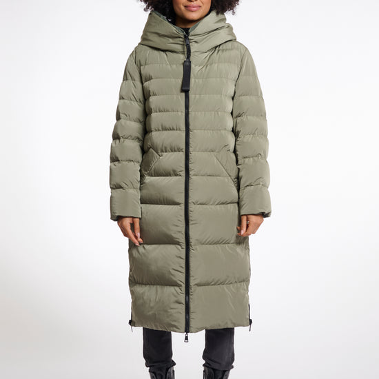 green mid length added reversible coat with matt green exterior, large hod and side pockets 