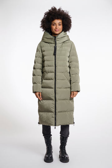 green mid length added reversible coat with matt green exterior, large hod and side pockets 