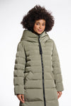 green mid length added reversible coat with matt green exterior, large hod and side pockets close up