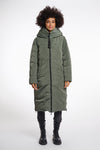 green mid length added reversible coat with matt green exterior, large hod and side pockets interior shot