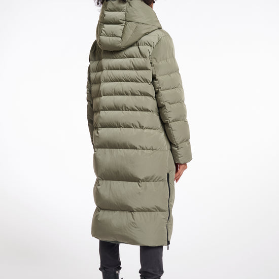 green mid length added reversible coat with matt green exterior, large hod and side pockets  rear view 