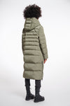 green mid length added reversible coat with matt green exterior, large hod and side pockets  rear view 