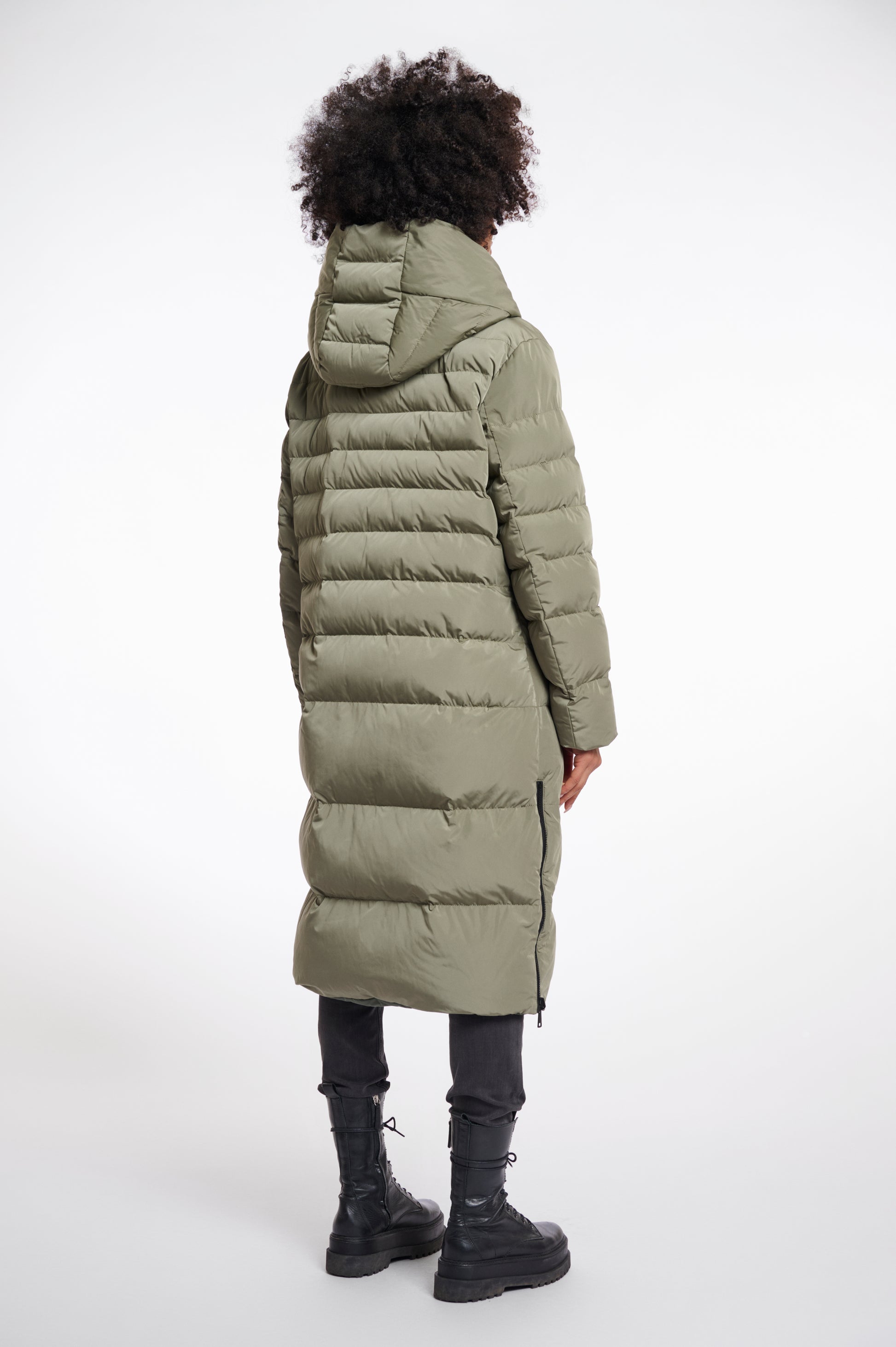 green mid length added reversible coat with matt green exterior, large hod and side pockets  rear view 
