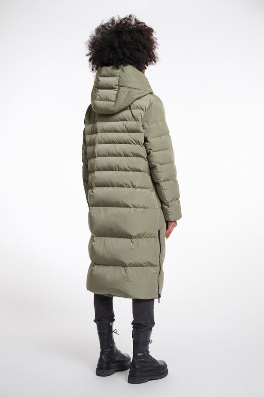 green mid length added reversible coat with matt green exterior, large hod and side pockets  rear view 