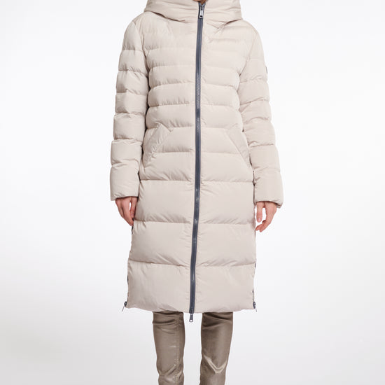 mid length beige padded coat with faux fur inside and hood