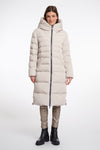 mid length beige padded coat with faux fur inside and hood