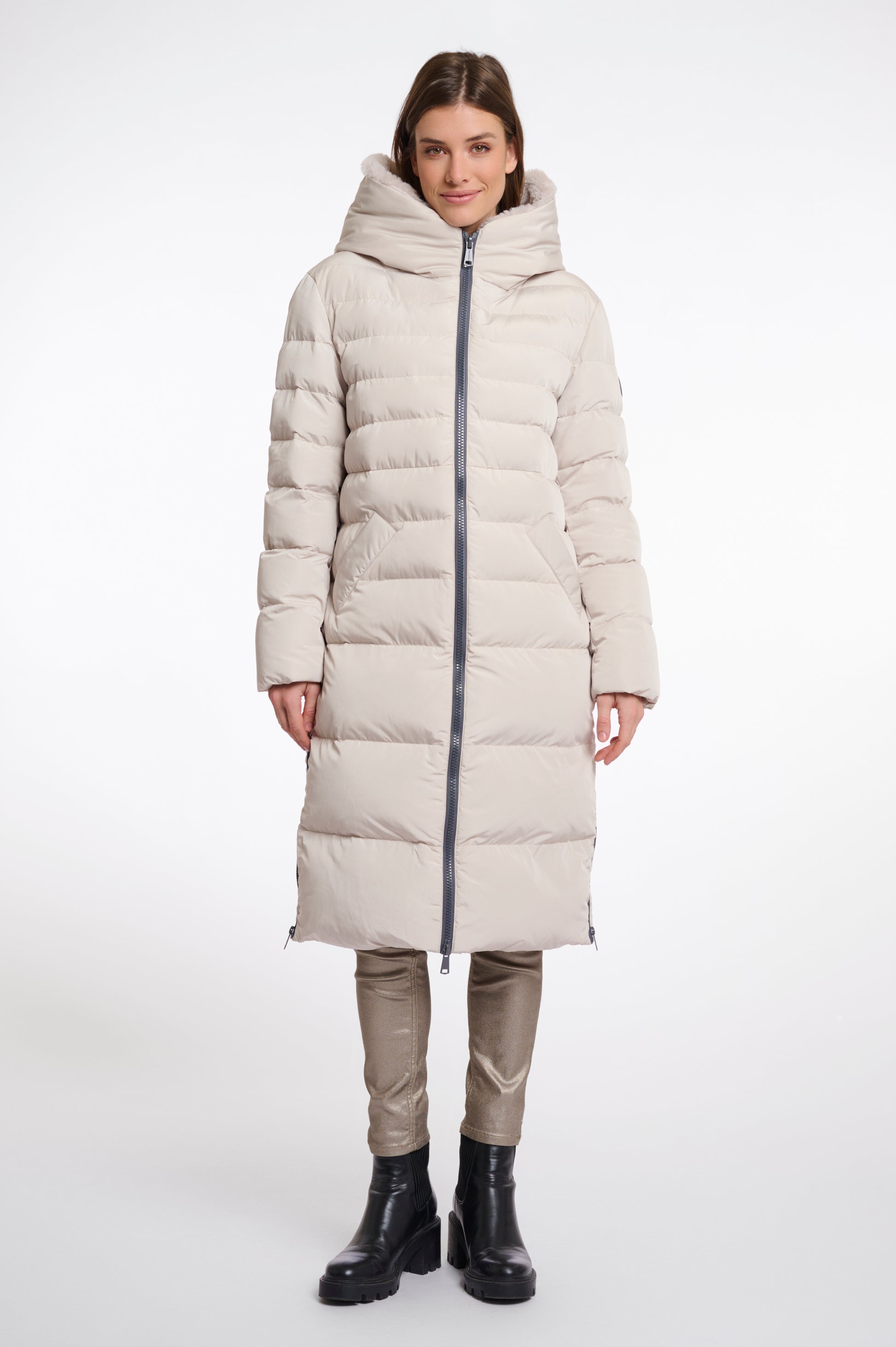 mid length beige padded coat with faux fur inside and hood