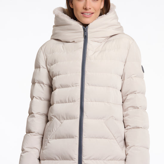 mid length beige padded coat with faux fur inside and hood close up