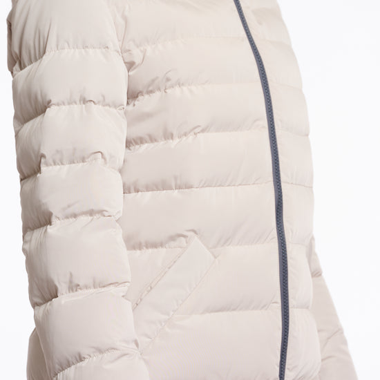 mid length beige padded coat with faux fur inside and hood side view