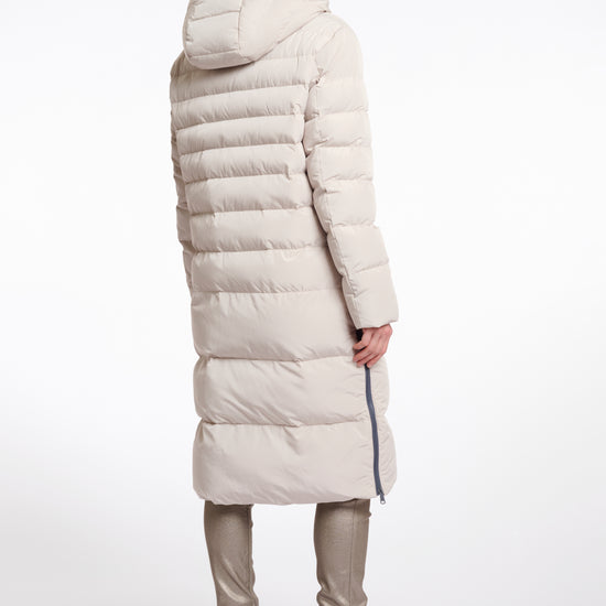 mid length beige padded coat with faux fur inside and hood rear view 
