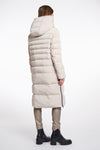 mid length beige padded coat with faux fur inside and hood rear view 