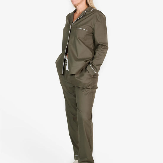 Khaki long sleeved PJs with white trim