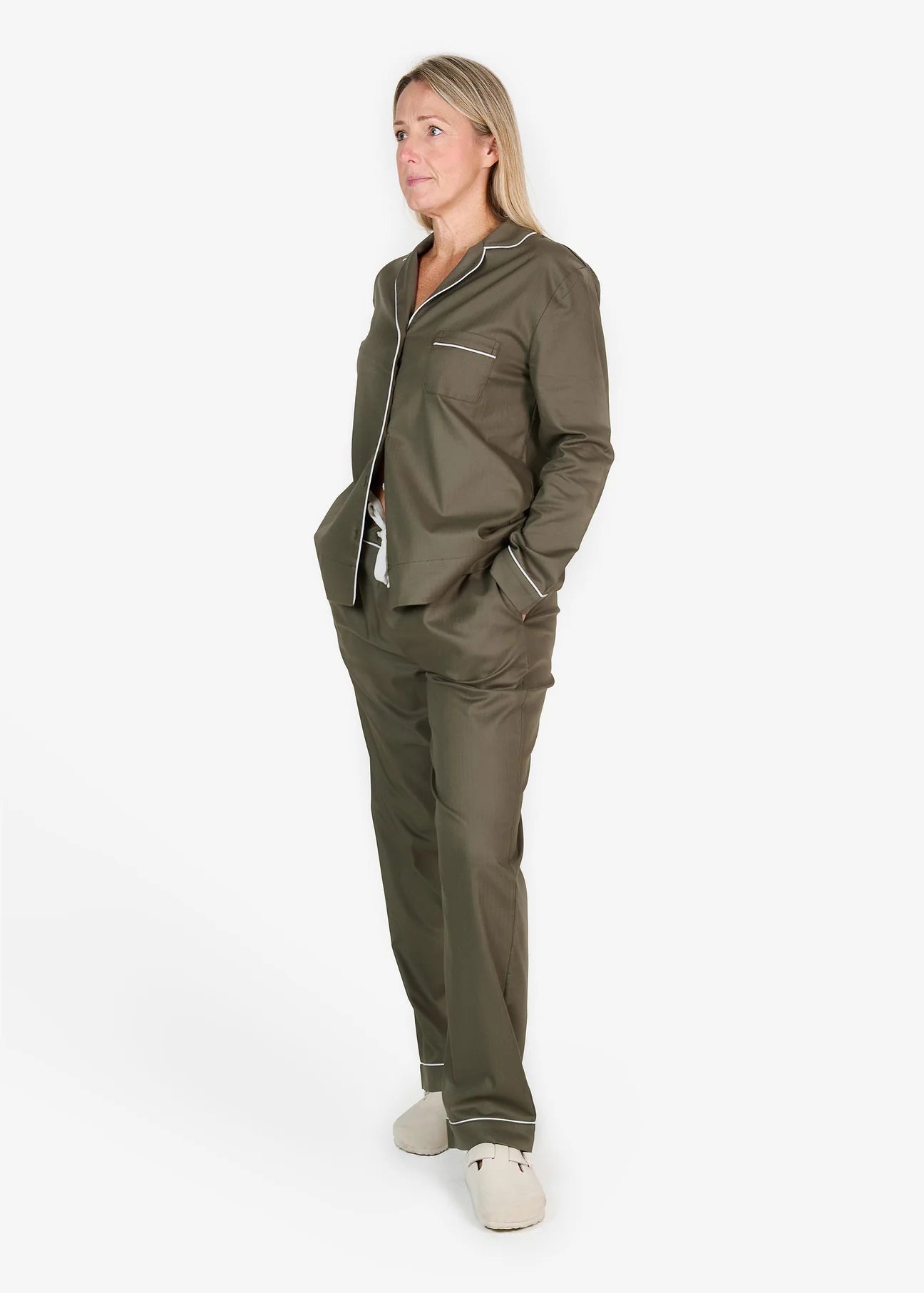 Khaki long sleeved PJs with white trim