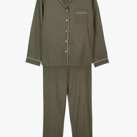 Khaki long sleeved PJs with white trim