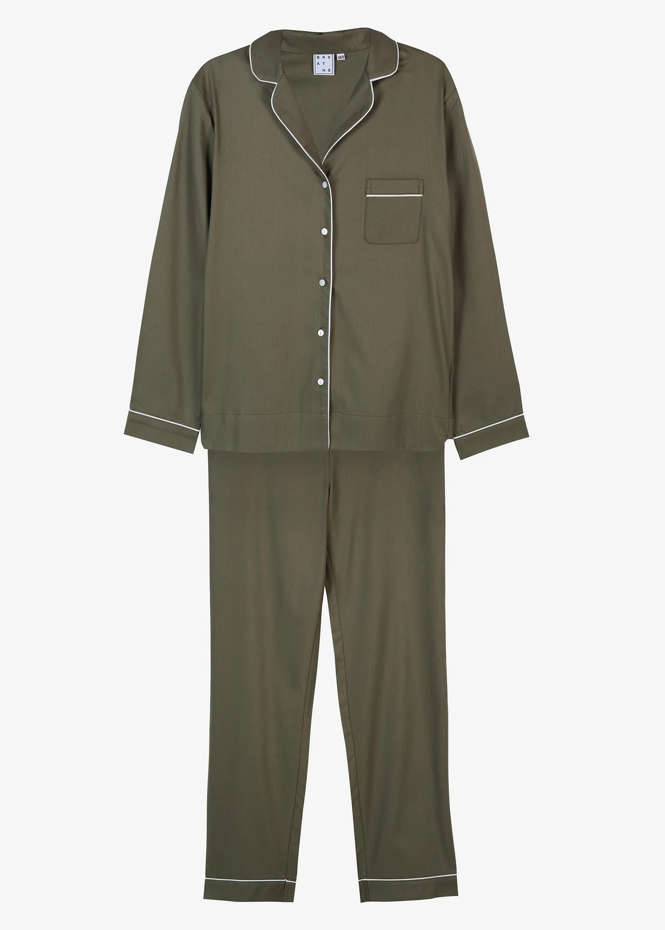 Khaki long sleeved PJs with white trim