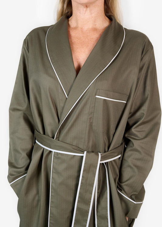 Khaki herringbone cotton robe with front pocket and self tie belt and contrast white trim