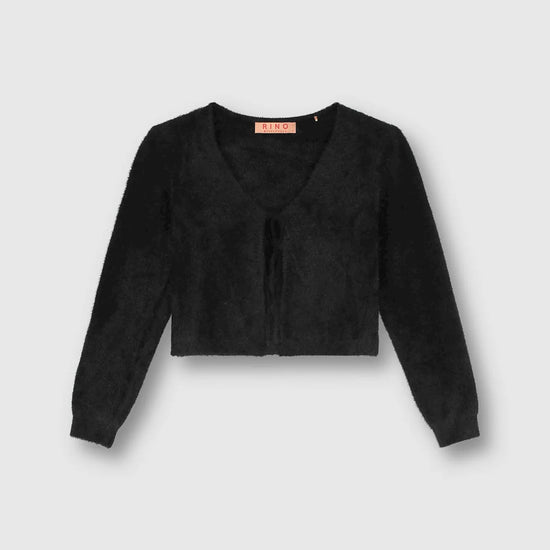 Cropped black long sleeved cardigan with tie fastening