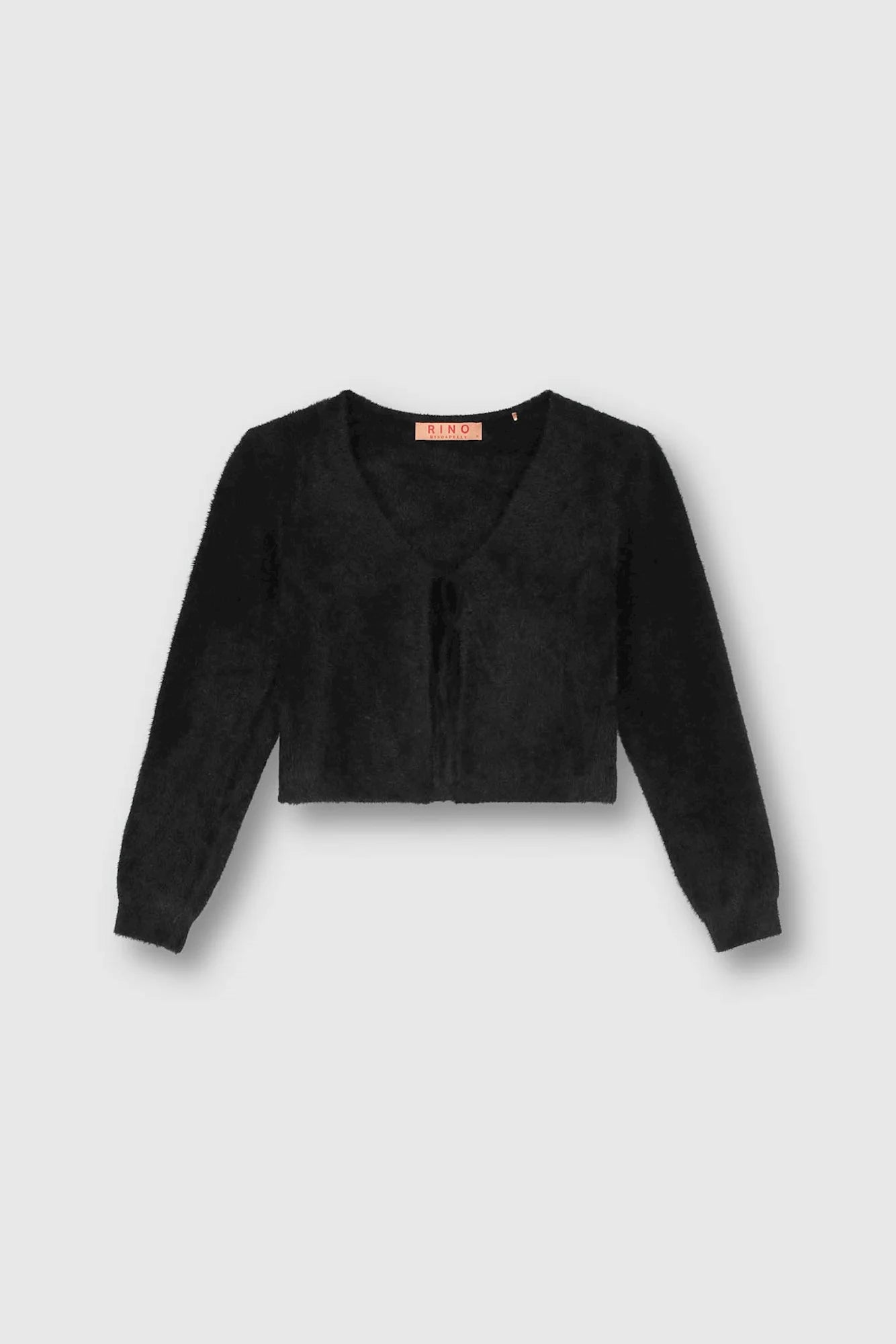 Cropped black long sleeved cardigan with tie fastening