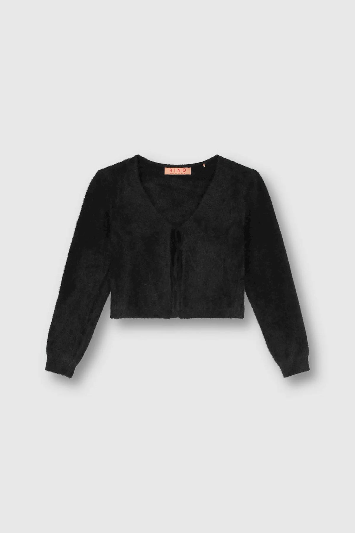 Cropped black long sleeved cardigan with tie fastening